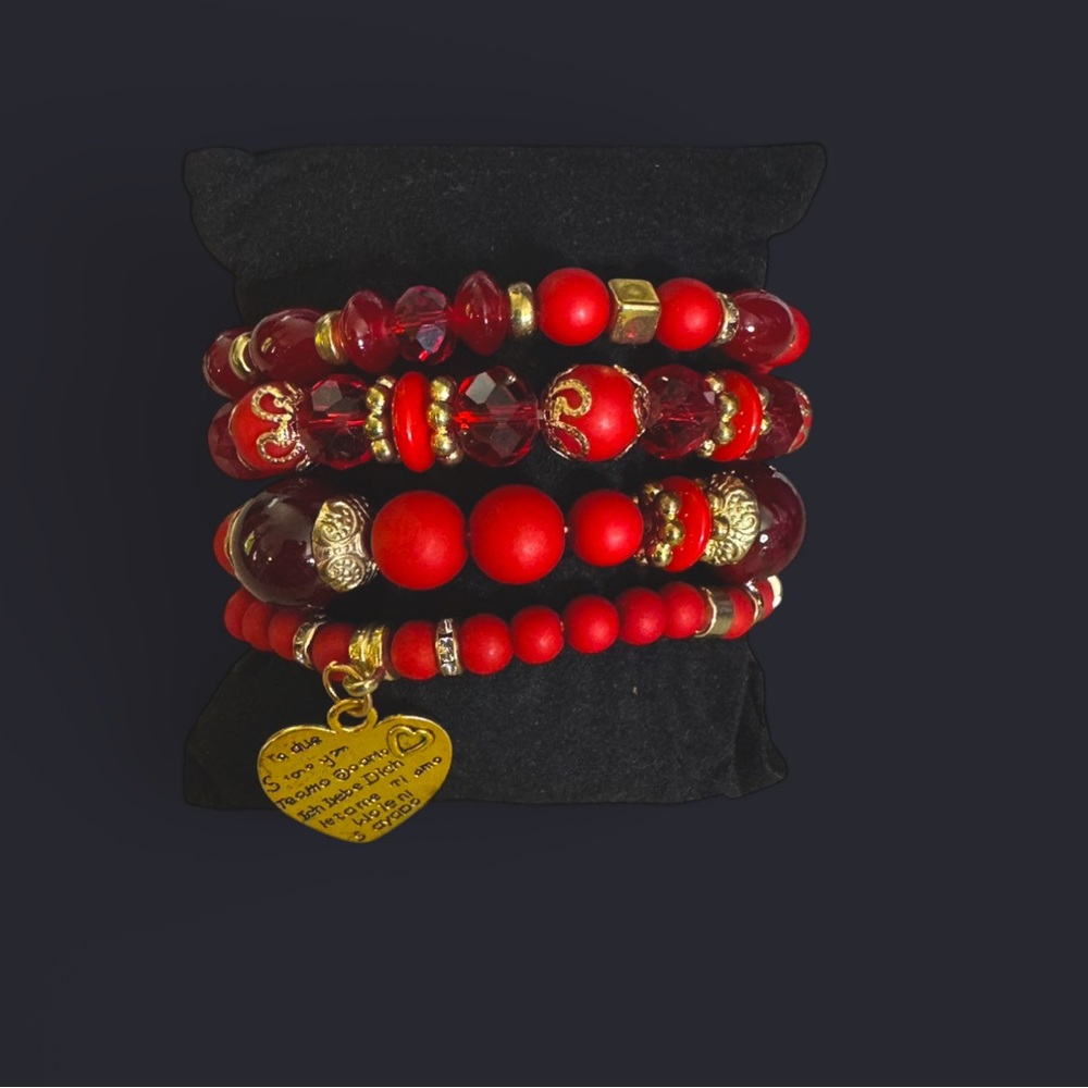 Red and Gold Beaded Bracelet Set